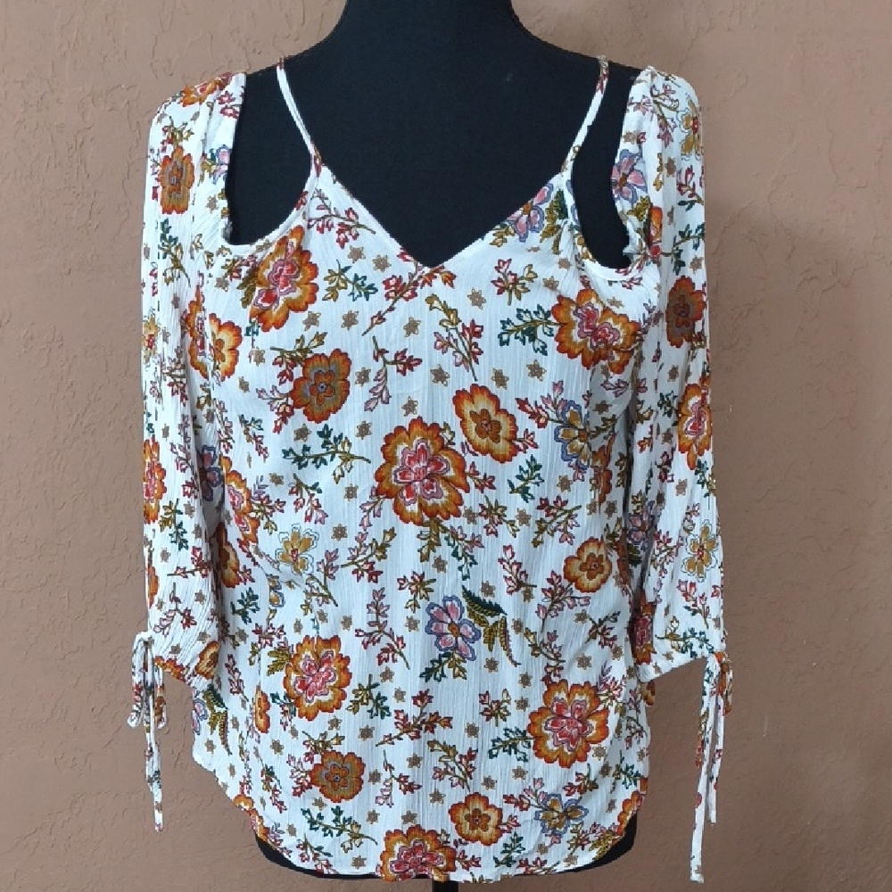 HOMMAGE Floral Cold Shoulder Blouse in White and Orange Size M